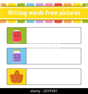 Writing words from pictures. Education developing worksheet. Learning game for kids. Activity page. Puzzle for children. Riddle for preschool. Isolate Stock Vector