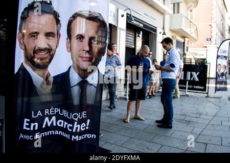 FRA - POLITICS - ELECTORAL EVENING OF FLORIAN BACHELIER. Florian Bachelier, candidate of La République En Marche (LREM) in the legislative elections i Stock Photo