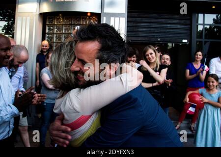 FRA - POLITICS - ELECTORAL EVENING OF FLORIAN BACHELIER. Florian Bachelier, candidate of La République En Marche (LREM) in the legislative elections i Stock Photo