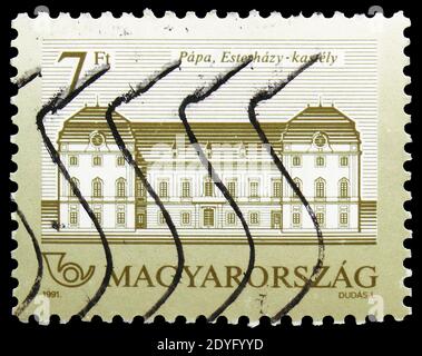 MOSCOW, RUSSIA - JULY 19, 2019: Postage stamp printed in Hungary shows Eszterhazy Castle, Papa, Castles serie, circa 1991 Stock Photo