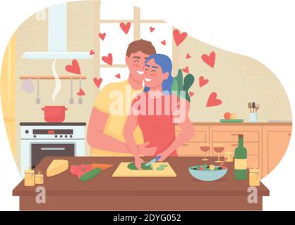 Couple cooking romantic dinner 2D vector web banner, poster Stock Vector