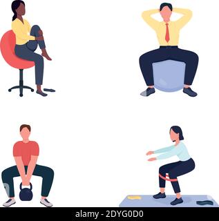 Working out female and male employees flat color vector faceless character set Stock Vector