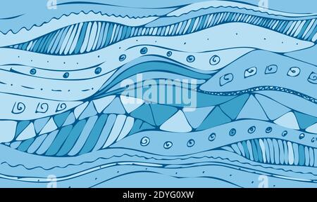 Vector sea blue pattern drawn by hand. Abstract waves, art painting. Abstract blue background. vector illustration Stock Vector