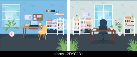 Office flat color vector illustration set Stock Vector