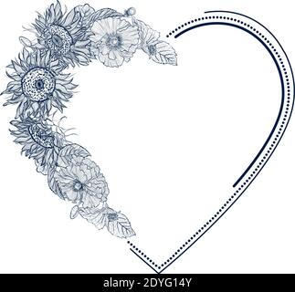 Hand drawn frame with floral wreath with sunflowers in the shape of heart. Vector monochrome illustration isolated on white background. Template for invitations, greeting cards, posters and more. Stock Vector