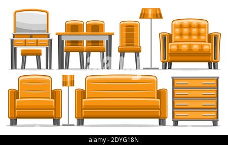 Vector Furniture Set, collection of cut out illustrations of trendy orange furniture for living room interior, set of isolated decorative furnitures f Stock Vector