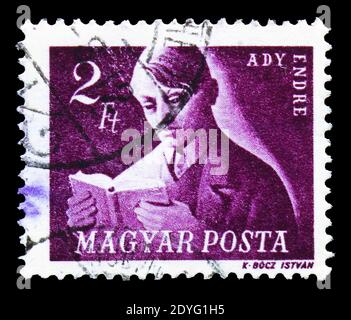 MOSCOW, RUSSIA - JULY 19, 2019: Postage stamp printed in Hungary shows Endre Ady (1877-1919) poet, Hungarian Freedom Fighters serie, circa 1947 Stock Photo