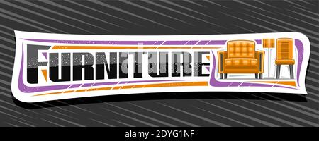 Vector banner for Furniture, white sign board with illustration of contemporary living room interior, signage with unique lettering for word furniture Stock Vector