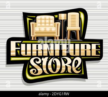 Vector logo for Furniture Store, black signboard with illustration of contemporary living room interior, decorative sign with unique beige letters for Stock Vector