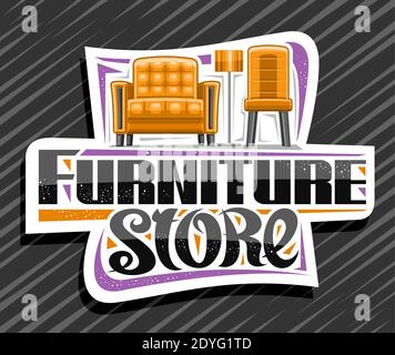 Vector logo for Furniture Store, white decorative sign board with illustration of contemporary living room interior, sticker with unique lettering for Stock Vector
