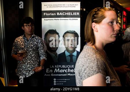 FRA - POLITICS - ELECTORAL EVENING OF FLORIAN BACHELIER. Florian Bachelier, candidate of La République En Marche (LREM) in the legislative elections i Stock Photo