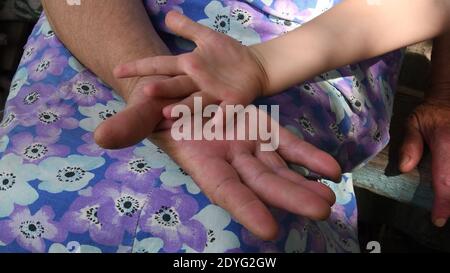 Old lady and toddler hands closeup. Great-grandmother holds little hand of her great-grandchild small girl. Diverse hands of 4 year old child and 80 y Stock Photo