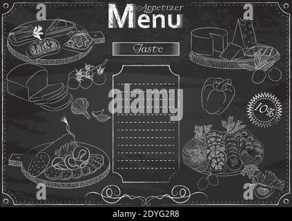 Vector template with appetizer elements for menu stylized as chalk drawing on chalkboard.Design for a restaurant, cafe or bar Stock Vector