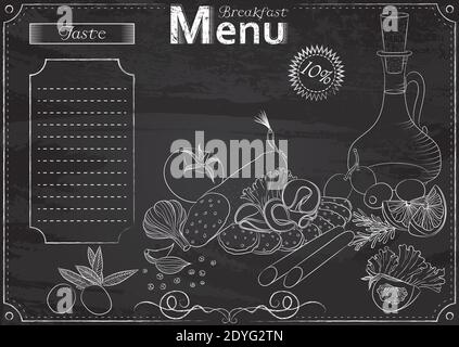 Vector template with breakfast elements for menu stylized as chalk drawing on chalkboard.Design for a restaurant, cafe or bar Stock Vector