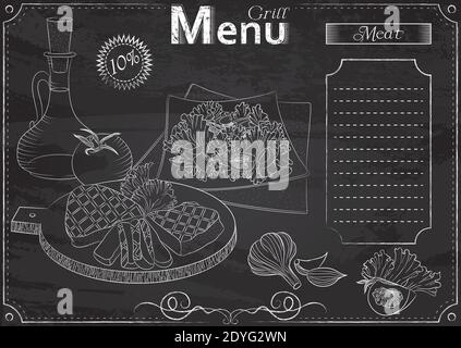 Vector template with grill elements for menu stylized as chalk drawing on chalkboard.Design for a restaurant, cafe or bar Stock Vector