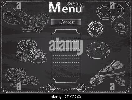 Vector template with baking elements for menu stylized as chalk drawing on chalkboard.Design for a restaurant, cafe or bar Stock Vector