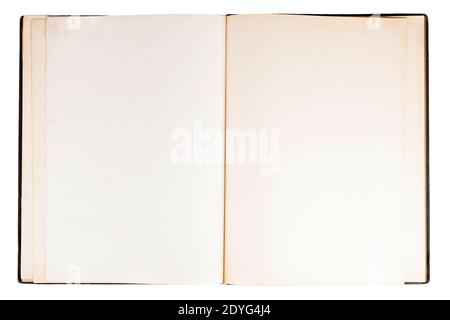 Simple single old open empty blank notebook, spread book pages top view, text space object isolated on white, cut out, copy space. Old antique book Stock Photo