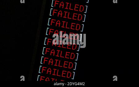 Failure concept, computer monitor display red word FAILED repeated many times, computation fatal error, program fail, software task chain failing Stock Photo
