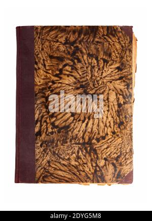 Old antique closed notebook, dated worn empty book cover design, object isolated on white, cut out, top view. Simple front side of a fancy notebook Stock Photo