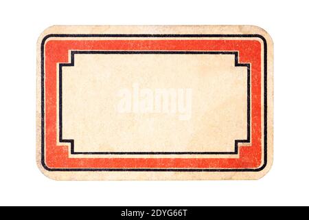 Small empty label, old retro style worn blank sticker, dated elegant wide rectangular paper adhesive tag, red border frame, isolated on white, cut out Stock Photo