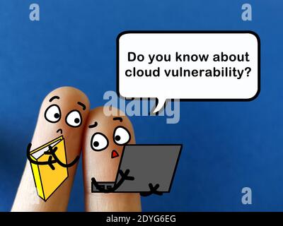 Two fingers are decorated as two person. They are discussing about cloud vulnerability. Stock Photo