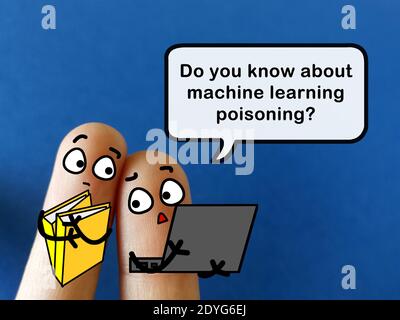 Two fingers are decorated as two person. They are discussing about machine learning poisoning. Stock Photo