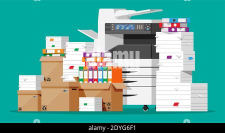 Office multifunction machine. Pile of paper documents, boxes and folders. Bureaucracy, paperwork, office. Printer copy scanner device. Proffesional printing station. Vector illustration in flat style Stock Vector