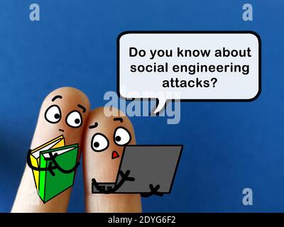 Two fingers are decorated as two person. They are discussing about social engineering attacks. Stock Photo