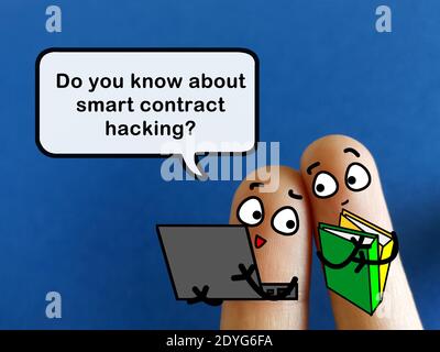 Two fingers are decorated as two person. They are discussing about smart contract hacking. Stock Photo