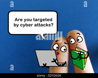 Two fingers are decorated as two person. They are discussing if they are targeted by cyber attacks. Stock Photo