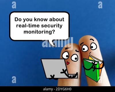 Two fingers are decorated as two person. They are discussing about real time security monitoring. Stock Photo