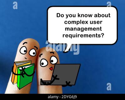 Two fingers are decorated as two person. They are discussing about complex user management requirements. Stock Photo