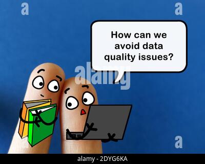 Two fingers are decorated as two person. They are discussing about ways to avoid data quality issues. Stock Photo