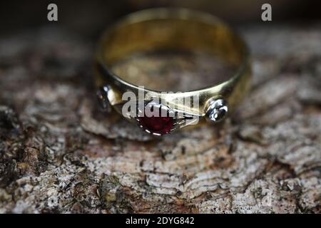 Close up of isolated old vintage golden ring with diamond and red ruby gemstone on natural tree trunk bark background Stock Photo