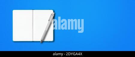 Cyan open lined notebook mockup with a pen isolated on blue background. Horizontal banner Stock Photo
