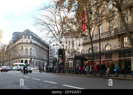 Paris, France. December 20. 2020. Exterior façade of the famous fashion and luxury store, sign Galeries Lafayette. Located on Haussmann Boulevard. Stock Photo