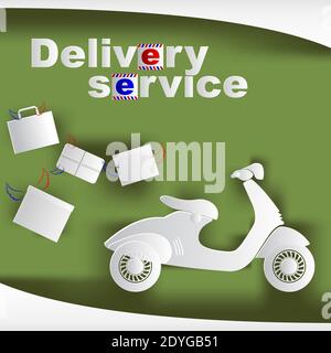 Banner with scooter and boxes and text delivery service. Vector illustration. Stock Vector