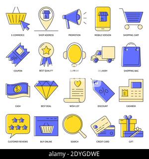 E-commerce icon set in colored line style. Internet shopping symbols collection. Online purchase vector illustration. Stock Vector