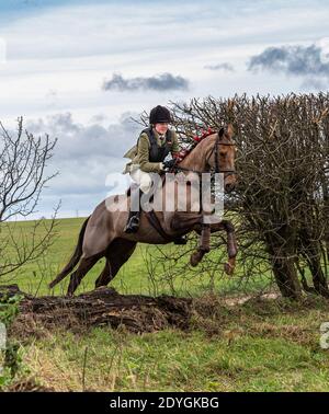 Temple Bruer, Lincolnshire, UK. 26th December 2020. Despite the cancellation of the traditional Boxing Day meets in many towns across the country, due to coronavirus restrictions, the Cranwell Bloodhounds had a home meet that attracted many riders and supporters. Credit: Matt Limb OBE/Alamy Live News Stock Photo