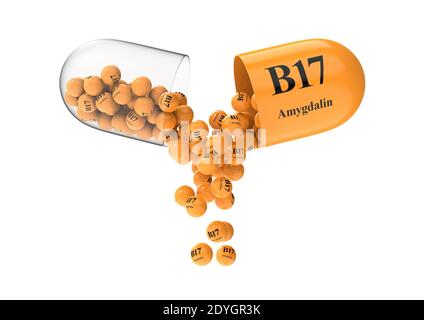 Open capsule with b17 Amygdalin from which the vitamin composition is poured. Medical 3D rendering illustration Stock Photo