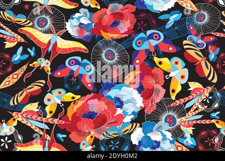 Seamless multicolored pattern of flowers and butterflies on a dark background. Example of a butterfly design pattern for Wallpaper or fabric Stock Vector