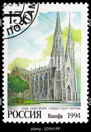 MOSCOW, RUSSIA - AUGUST 10, 2019: Postage stamp printed in Russia shows Saint Patrick Cathedral, New York, Architecture-Churches serie, circa 1994 Stock Photo