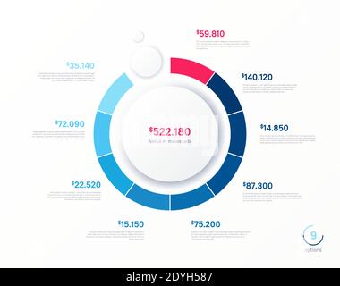 Vector infographic round chart template. Nine options, steps, parts Stock Vector