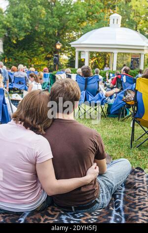 Huntsville Alabama,Burritt on the Mountain,City Lights & Stars Concert Series,picnic lawn chairs grass man woman female couple gazebo, Stock Photo