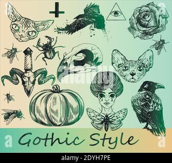 Thematic art stickers - Halloween party. Author's green gradient. Gothic style Stock Vector