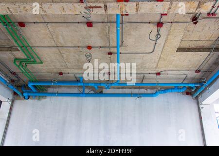 Installation of electrical and plumbing in the building.Copy space Stock Photo