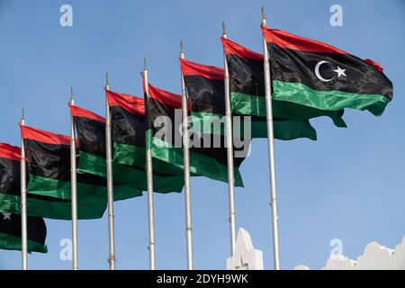 Flag of the state of Libya The flag of Libya was originally introduced in 1951, following the creation of the Kingdom of Libya. Stock Photo