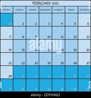 CALENDAR PLANNER FEBRUARY 2021 ON THREE SHADES OF BLUE COLOR BACKGROUND Stock Vector