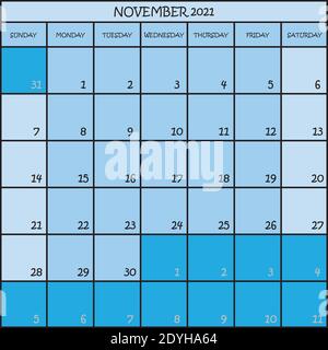 CALENDAR PLANNER NOVEMBER 2021 ON THREE SHADES OF BLUE COLOR BACKGROUND Stock Vector