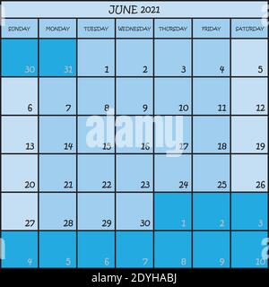 CALENDAR PLANNER MONTH JUNE 2021 ON THREE SHADES OF BLUE COLOR BACKGROUND Stock Vector